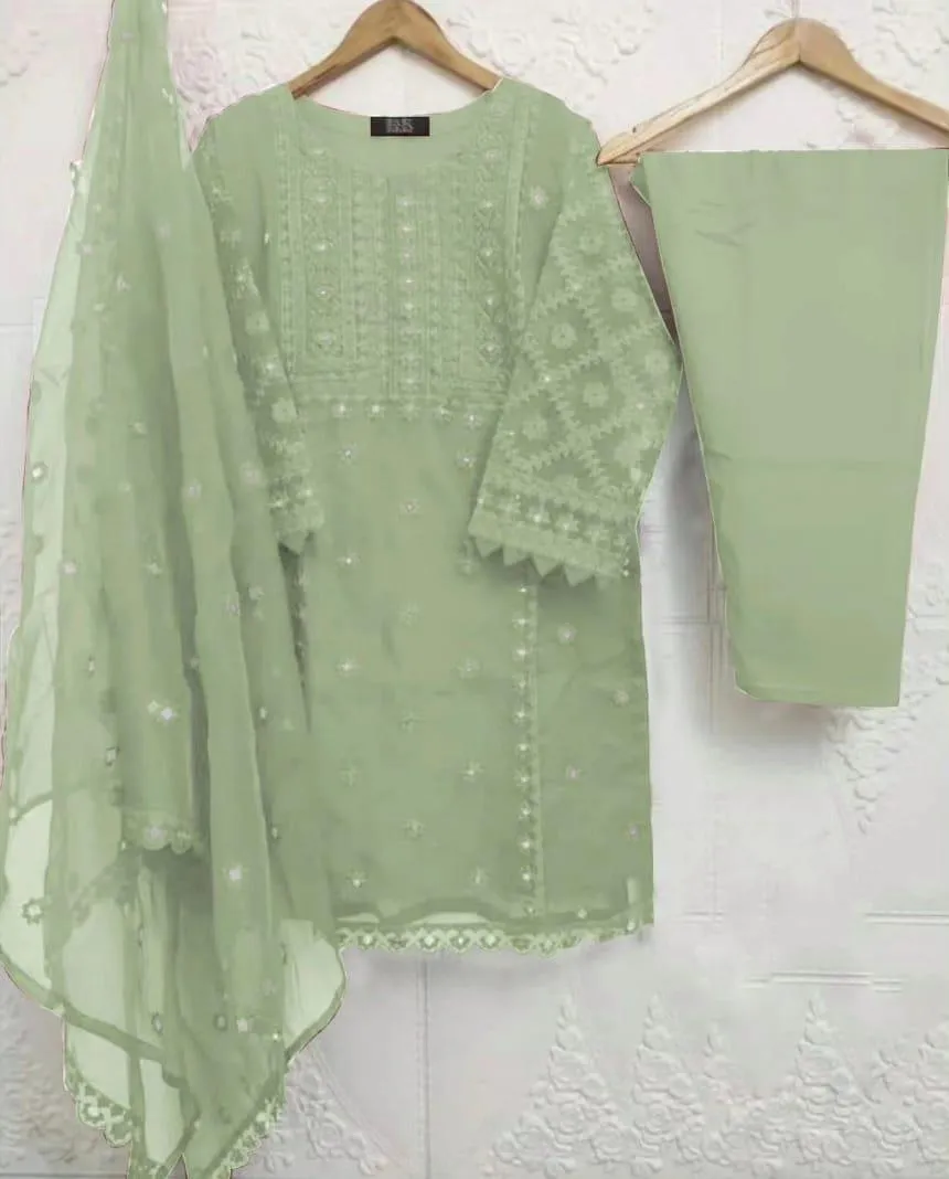 Green Embroidered 3Pcs Women Suit with Pearls