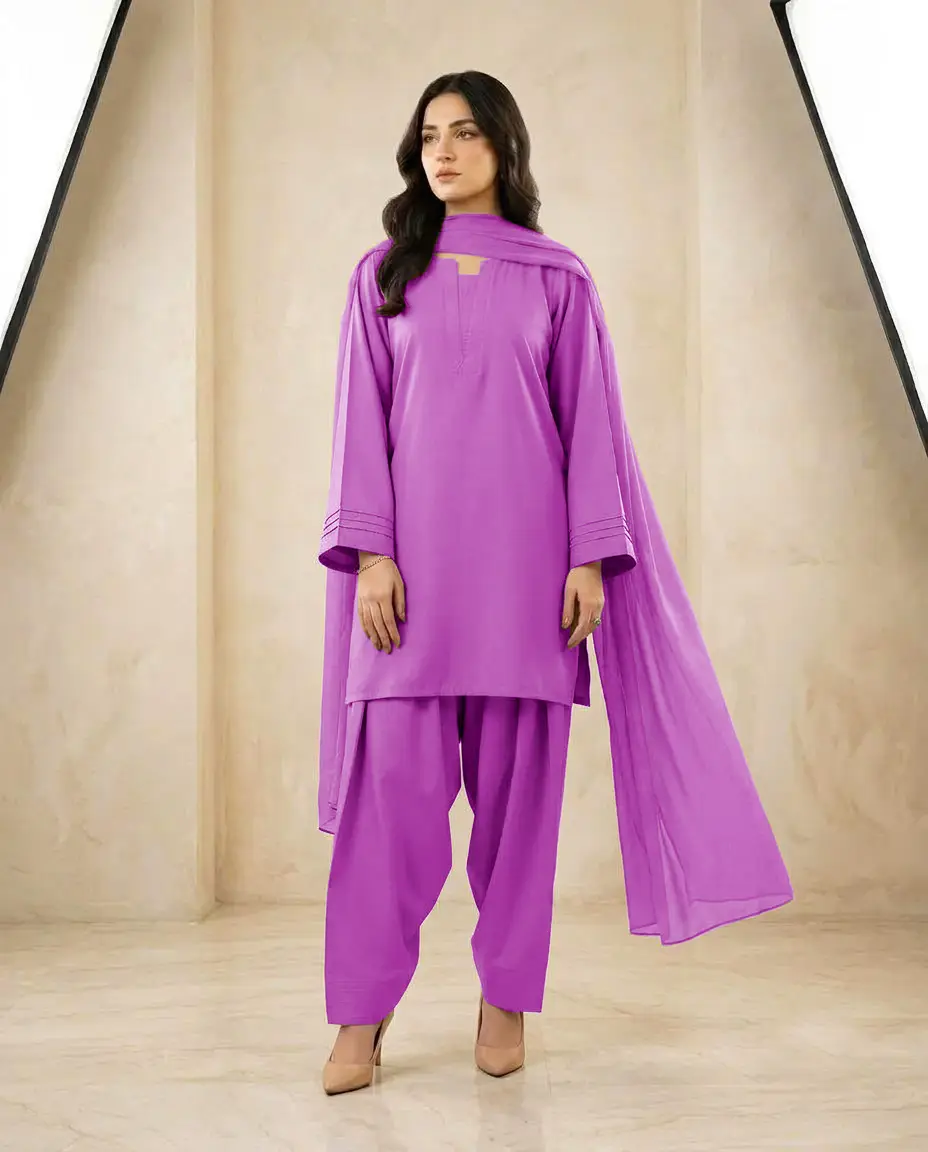 3 Pcs Women's Stitched Cotton Plain Suit