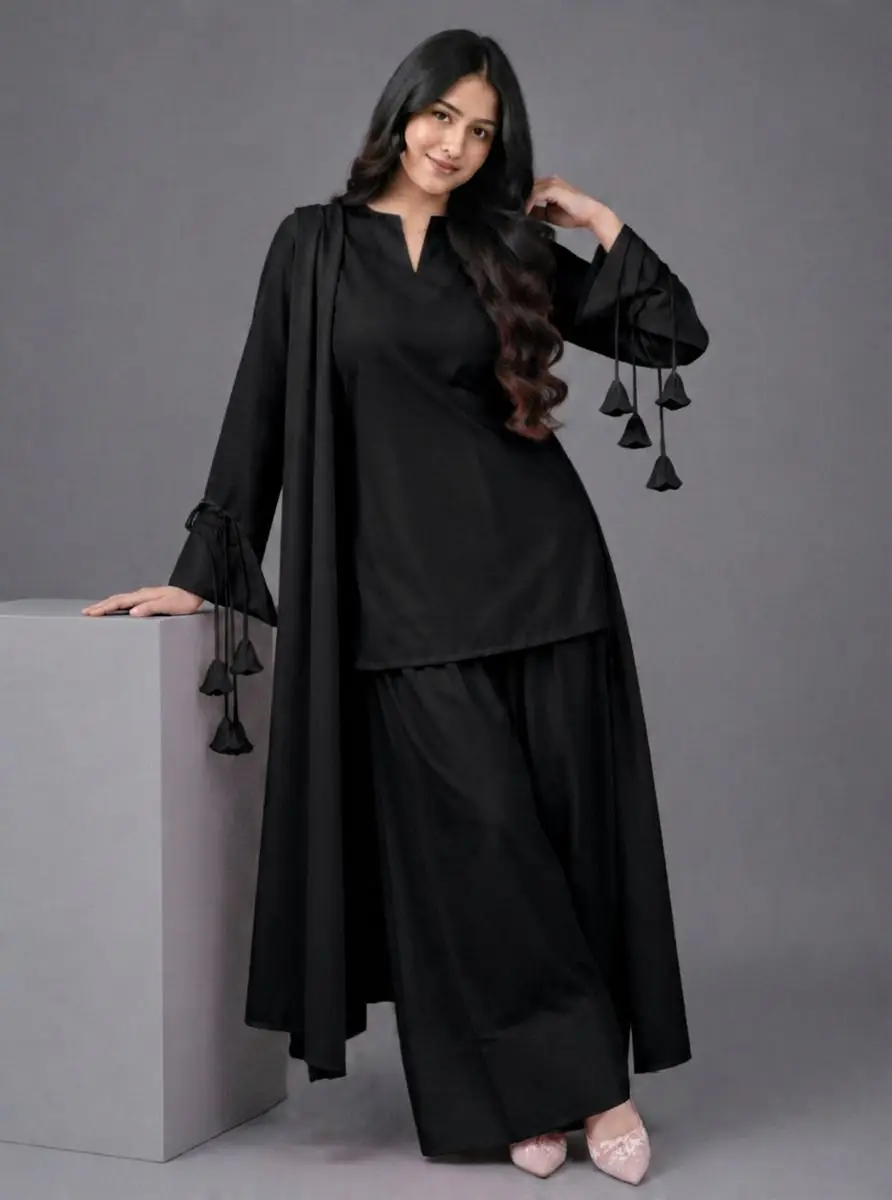 3 Pcs Women's Stitched Linen Plain Suit