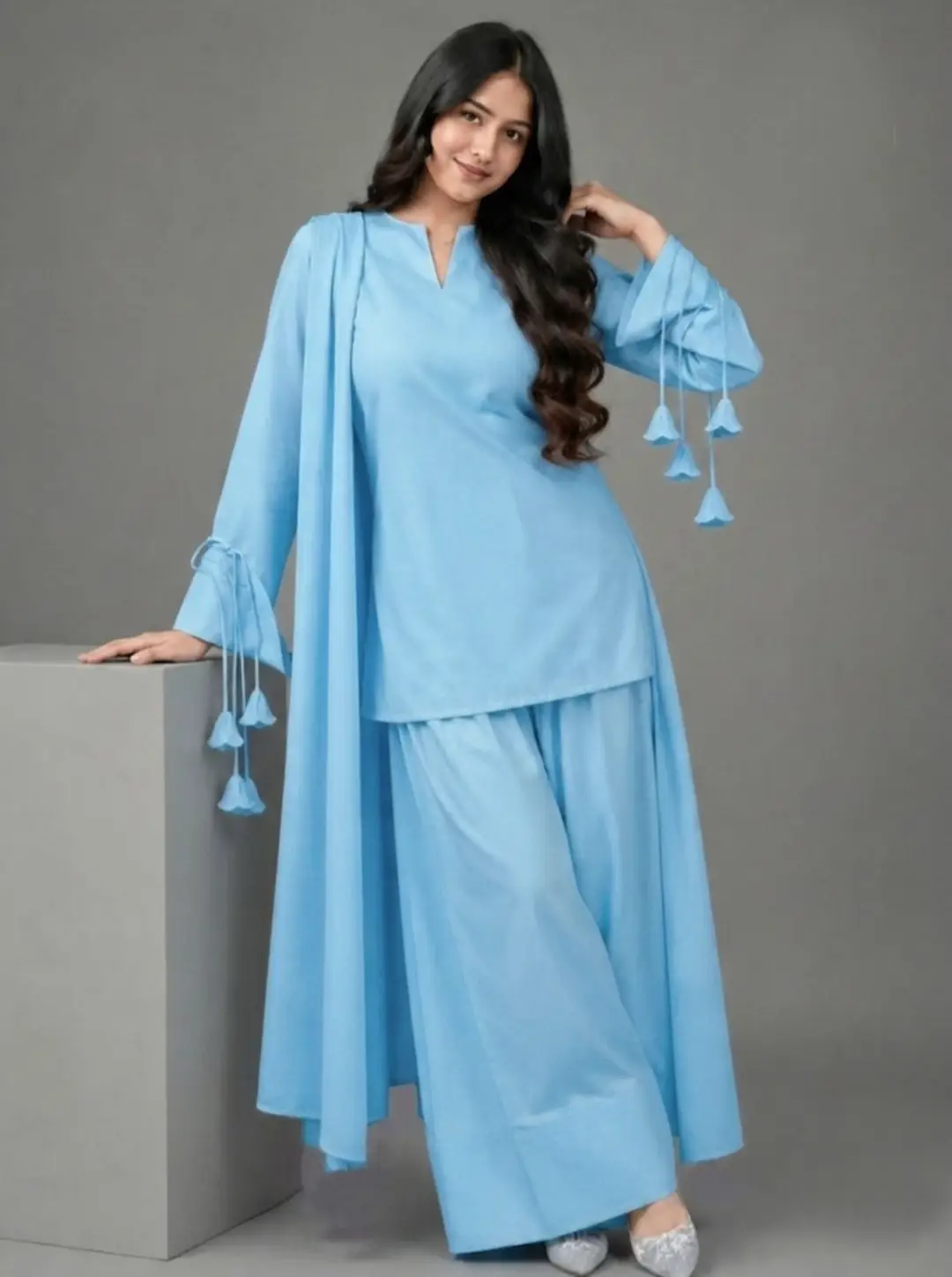 3 Pcs Women's Stitched Linen Plain Suit