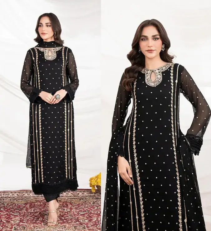 3 Pcs Women's Stitched Organza Embroidered Suit
