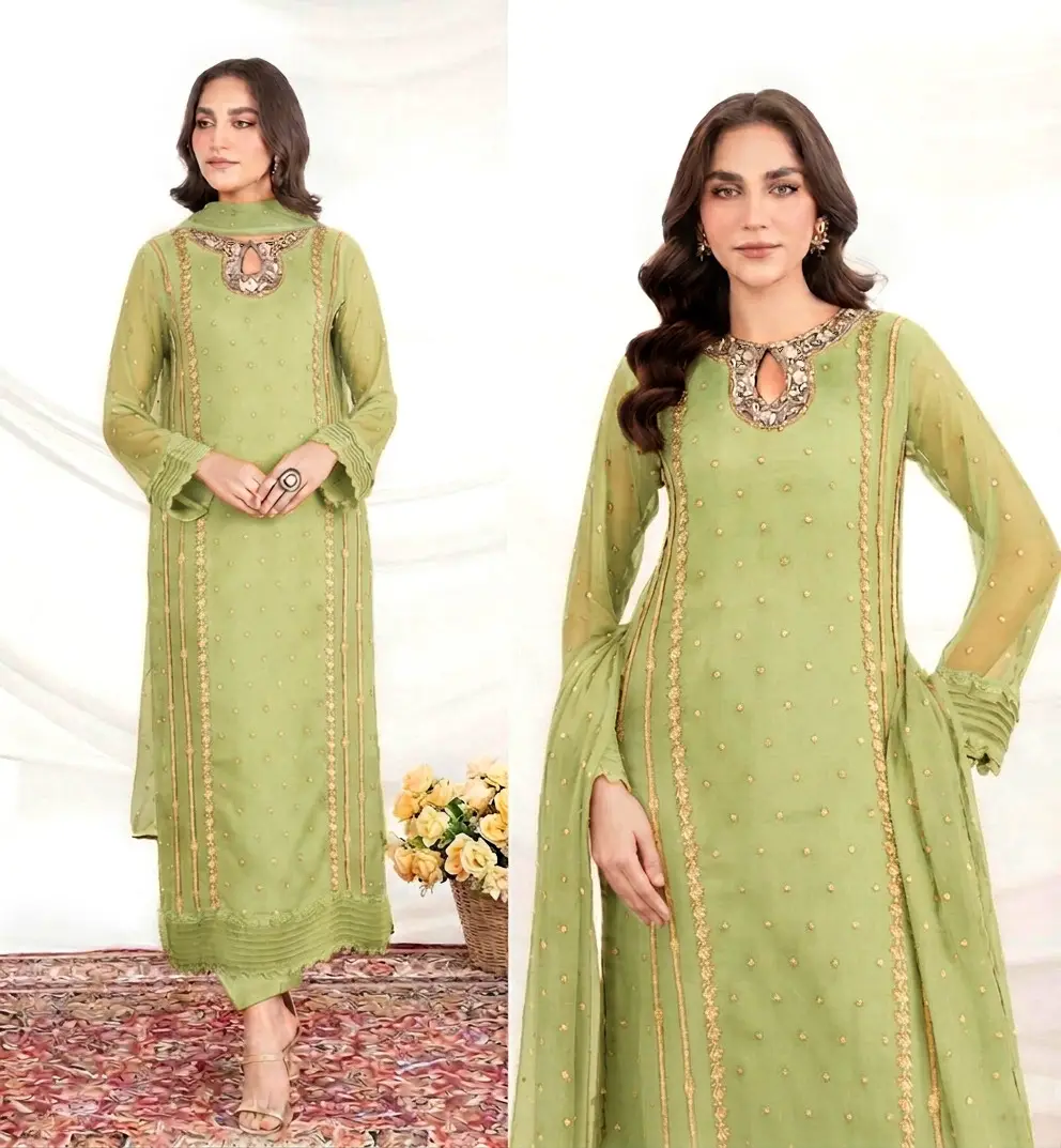 3 Pcs Women's Stitched Organza Embroidered Suit