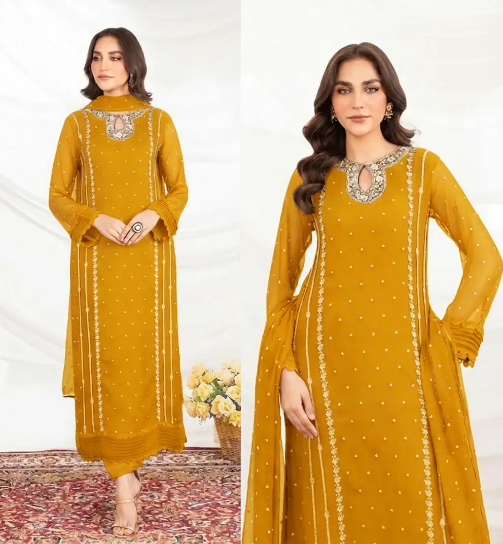 3 Pcs Women's Stitched Organza Embroidered Suit