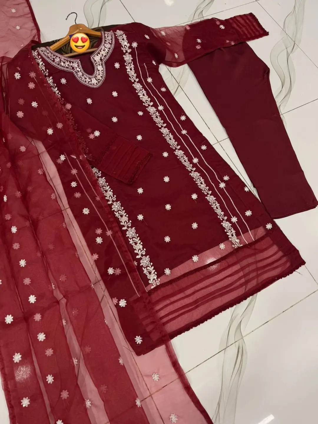 3 Pcs Women's Stitched Organza Embroidered Suit