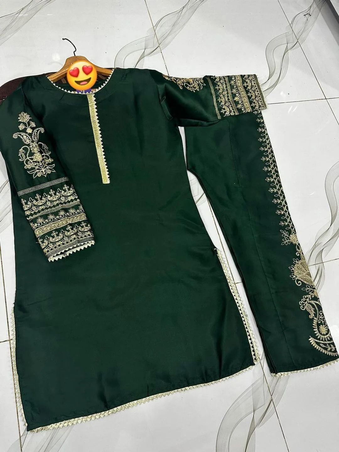 Green Embroidered Shamoz Silk 2Pcs Women Set