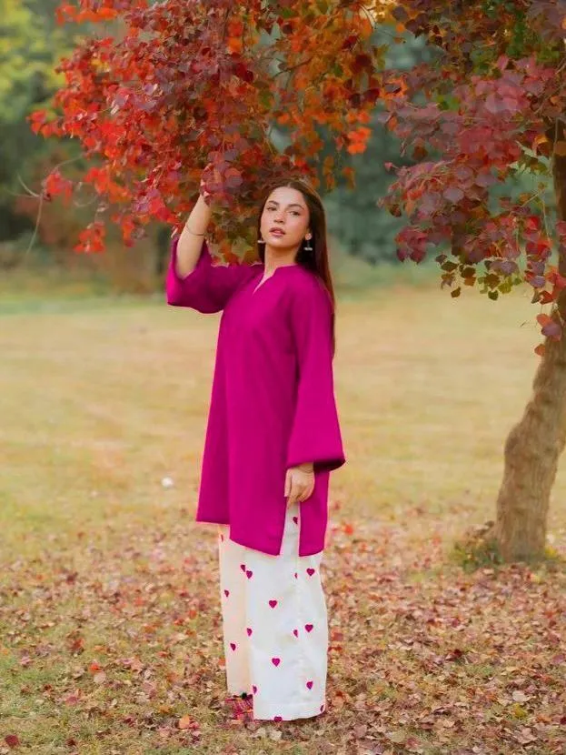 2 Pcs Women's Stitched Cotton Embroidered Shirt And Trouser