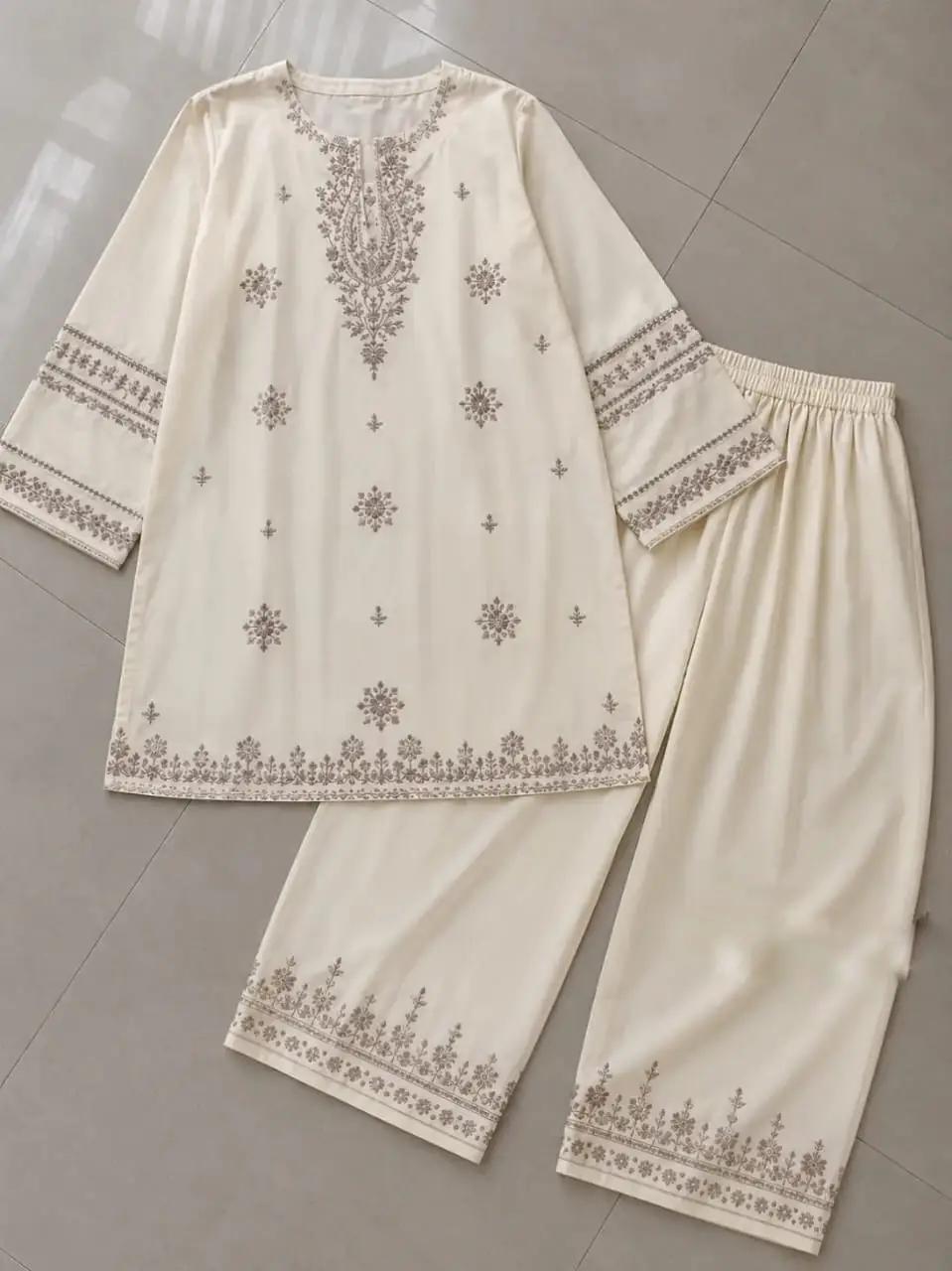 2 Pcs Women's Stitched Cotton Embroidered Shirt And Trouser
