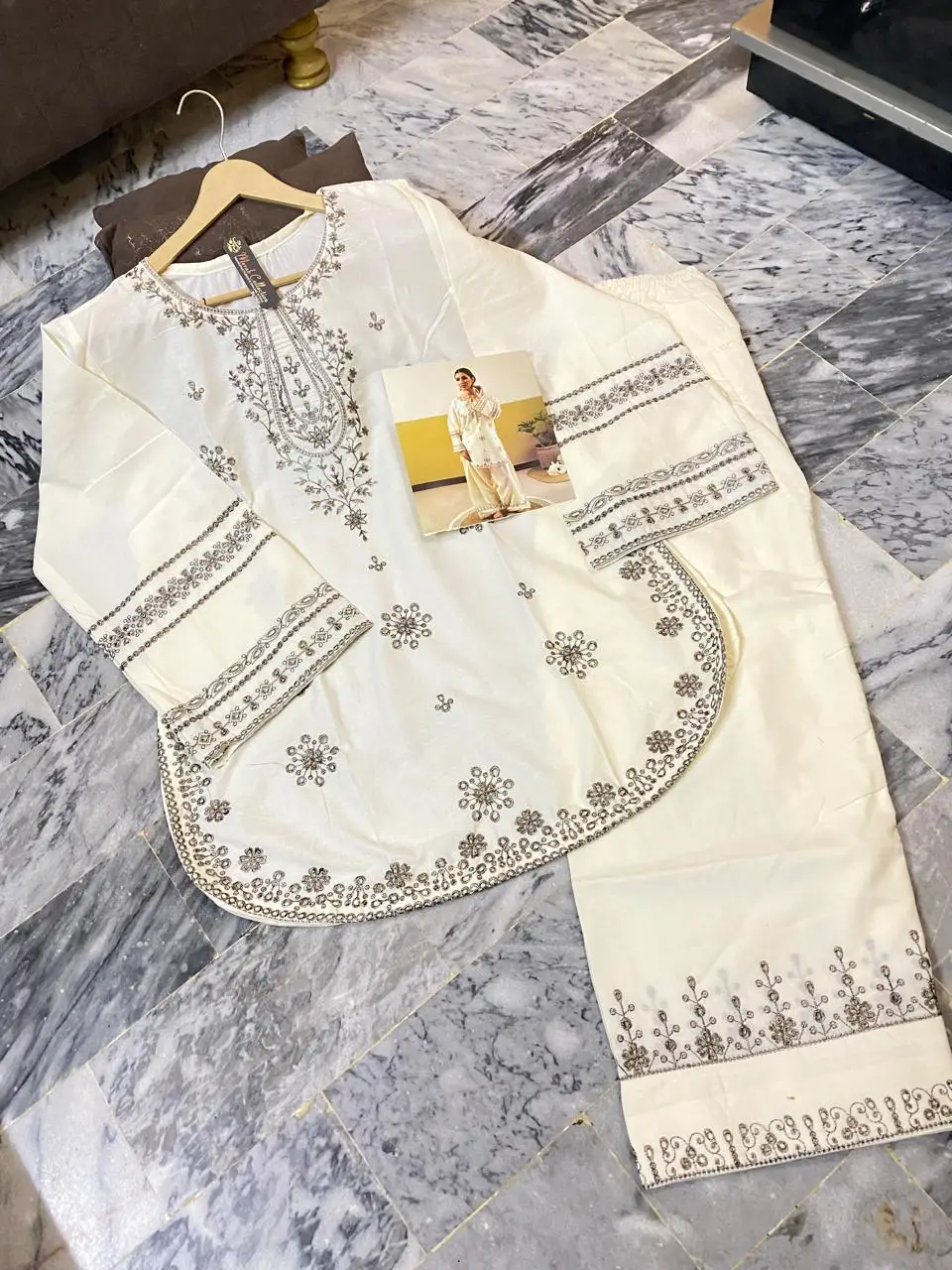 2 Pcs Women's Stitched Cotton Embroidered Shirt And Trouser