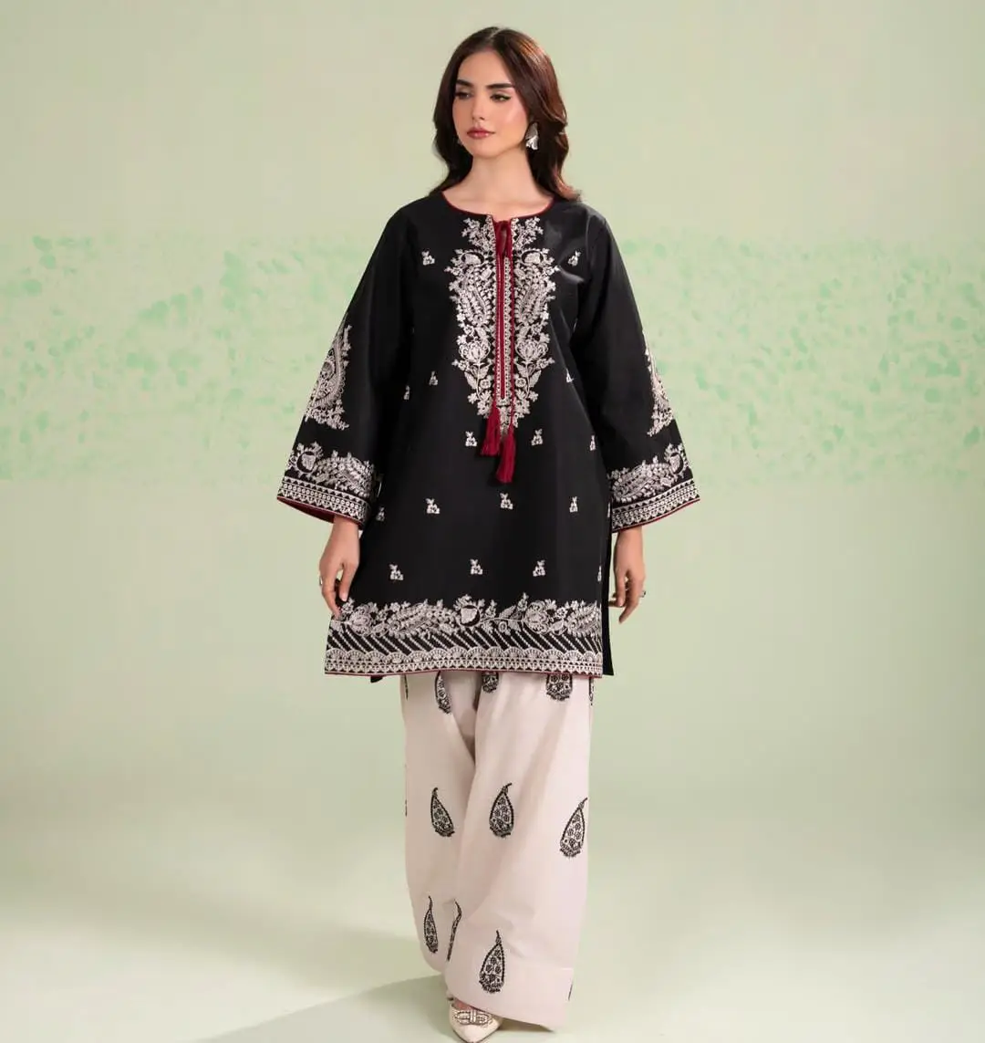 2 Pcs Women's Stitched Cotton Embroidered Shirt And Trouser