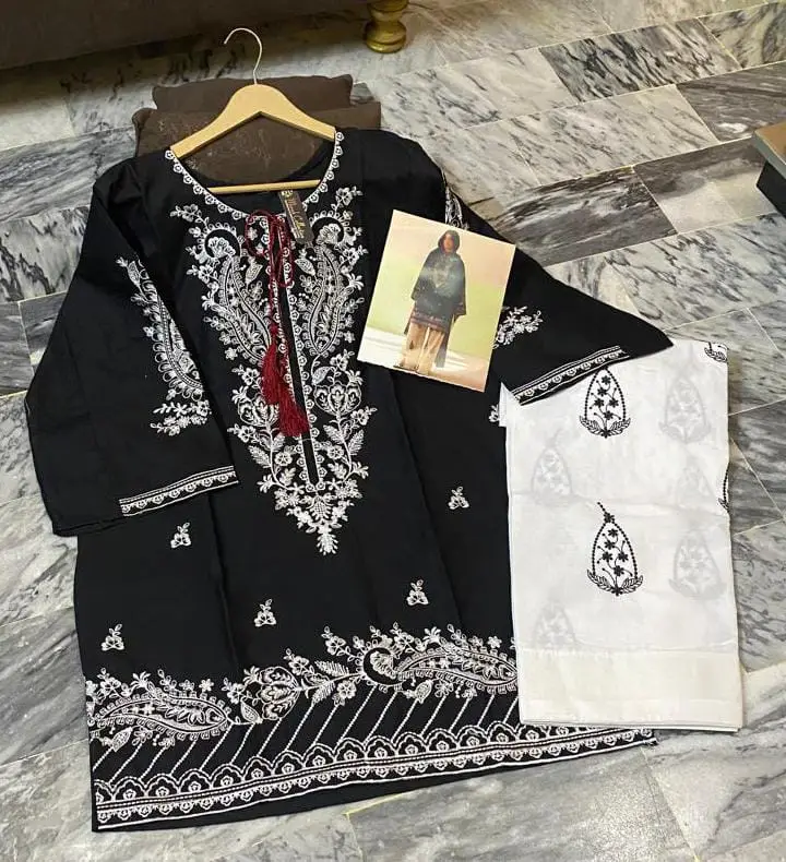 2 Pcs Women's Stitched Cotton Embroidered Shirt And Trouser