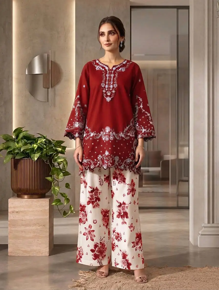 2 Pcs Women's Stitched Cotton Embroidered Shirt And Trouser