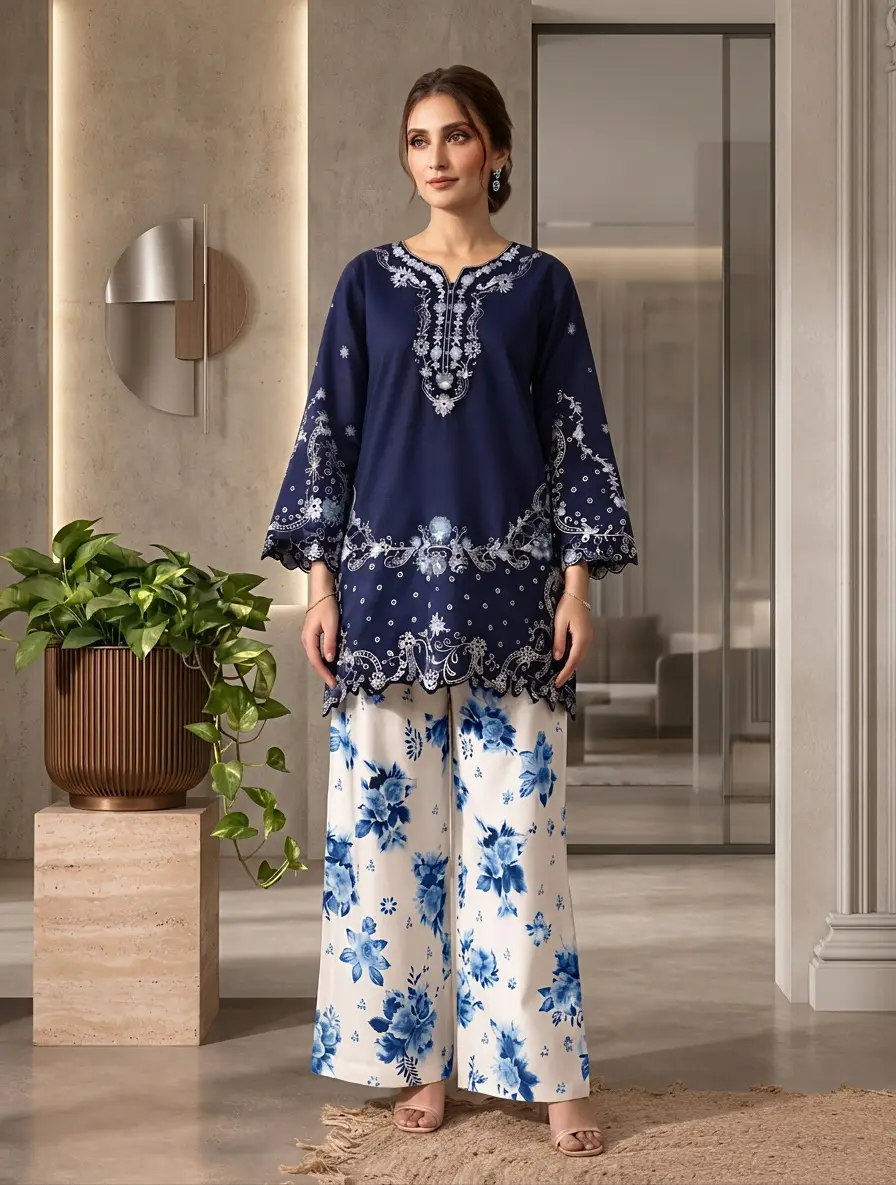 2 Pcs Women's Stitched Cotton Embroidered Shirt And Trouser