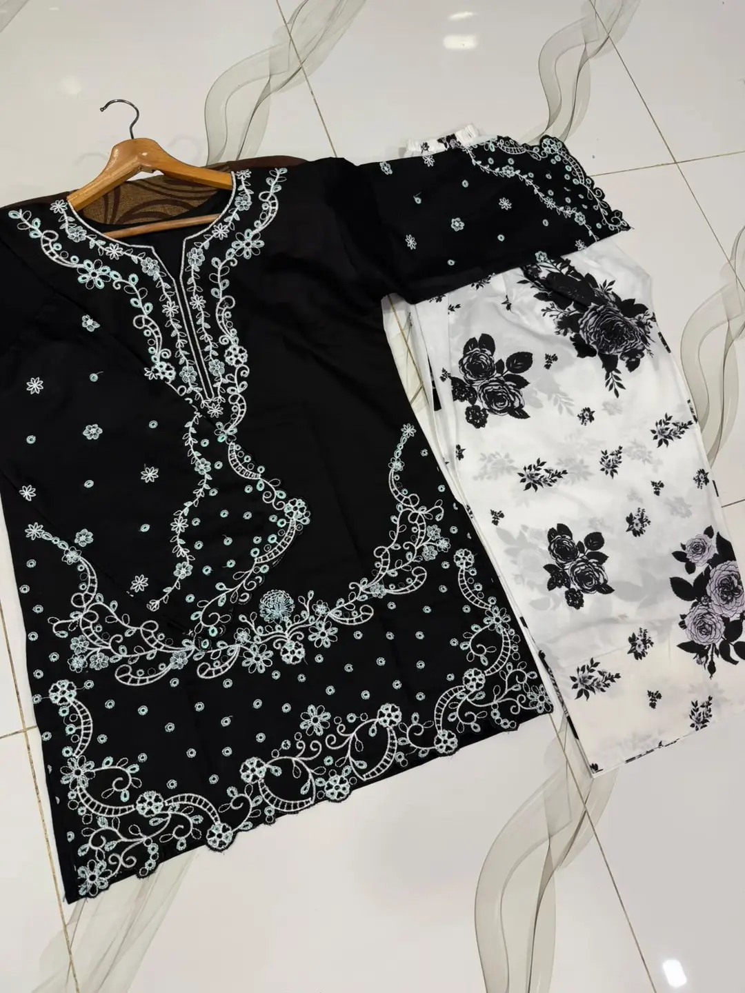 2 Pcs Women's Stitched Cotton Embroidered Shirt And Trouser