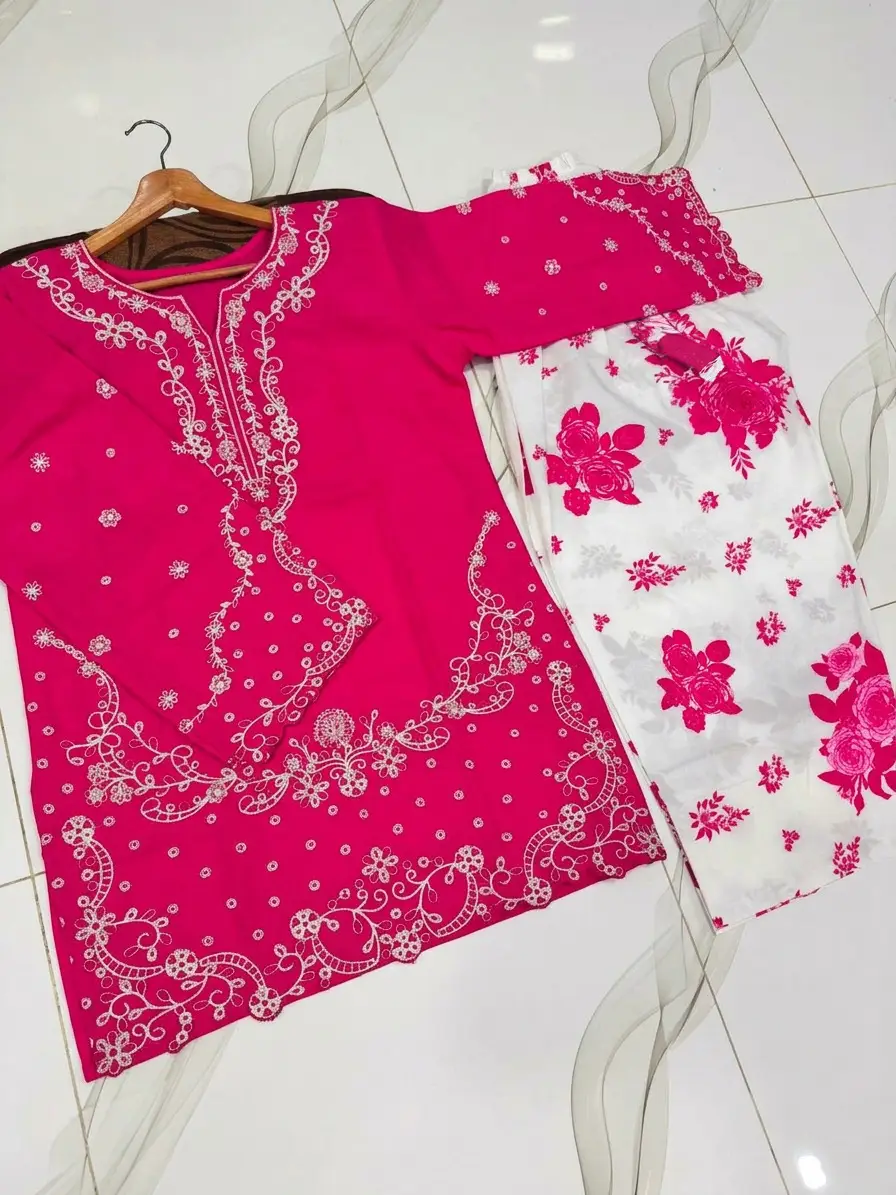 2 Pcs Women's Stitched Cotton Embroidered Shirt And Trouser