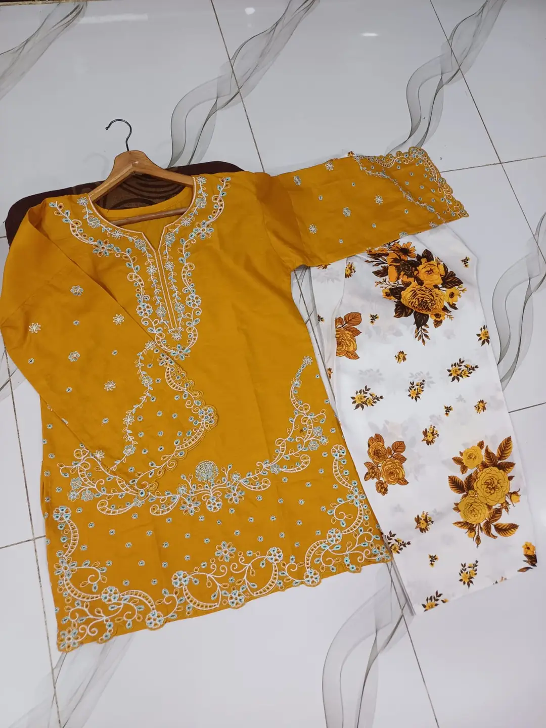 2 Pcs Women's Stitched Cotton Embroidered Shirt And Trouser