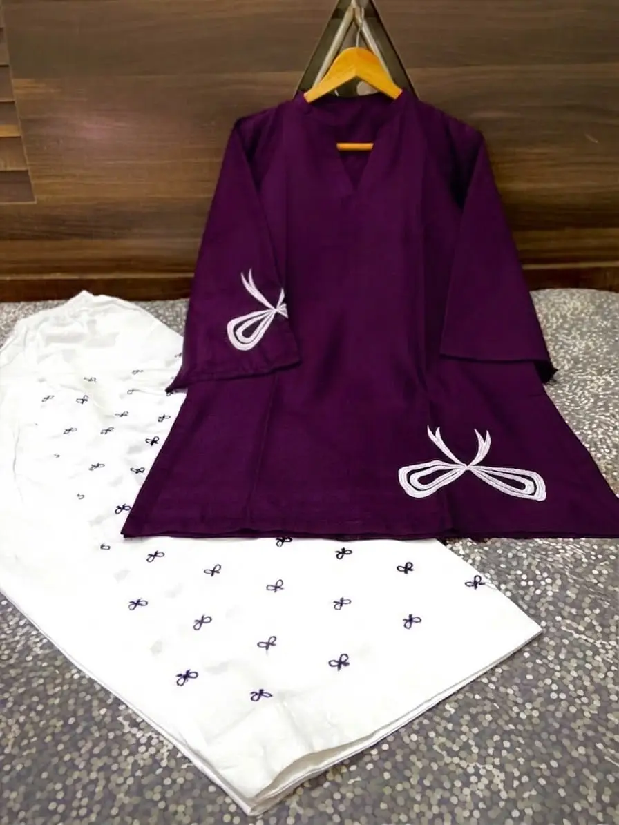 2 Pcs Women's Stitched Cotton Embroidered Shirt And Trouser