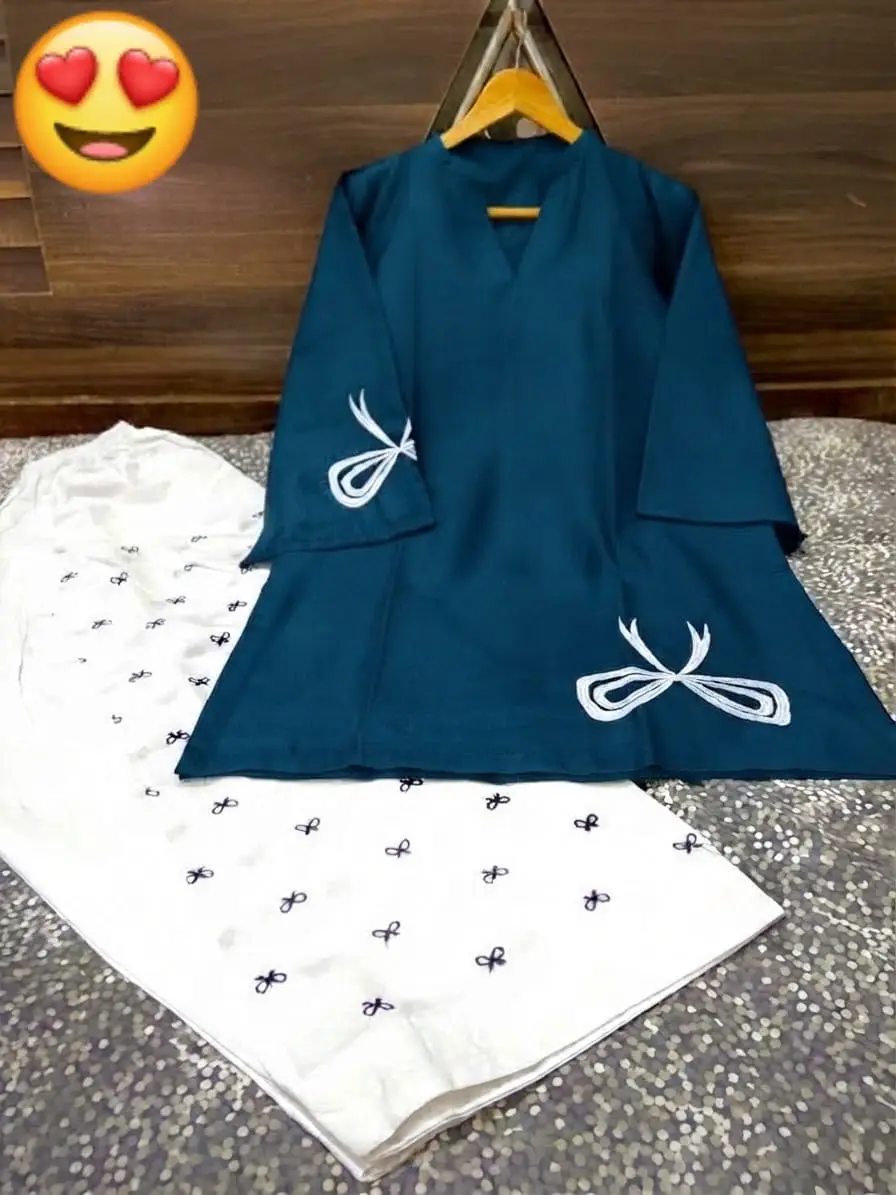2 Pcs Women's Stitched Cotton Embroidered Shirt And Trouser