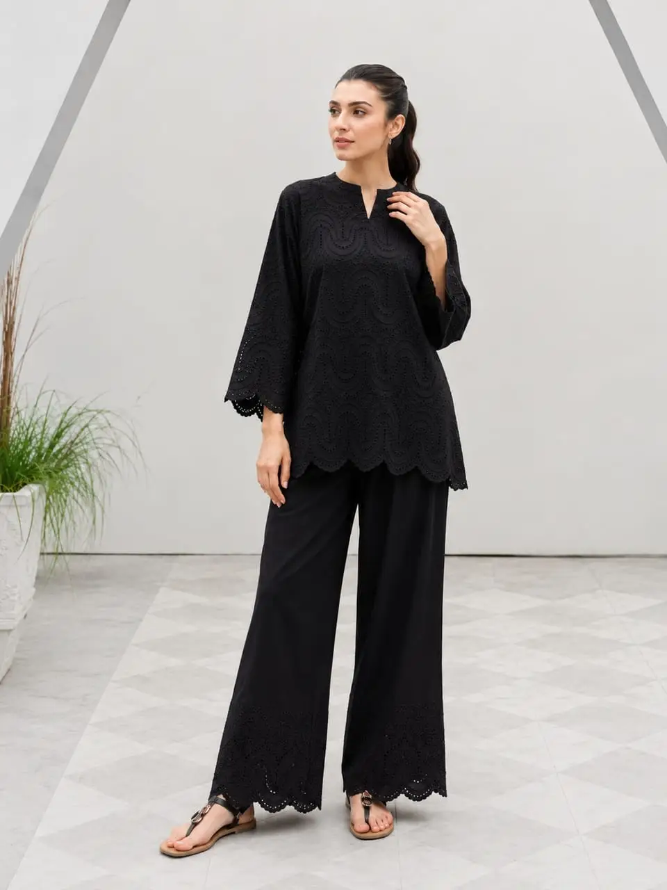 2 Pcs Women's Stitched Cotton Chikankari Embroidered Shirt And Trouser