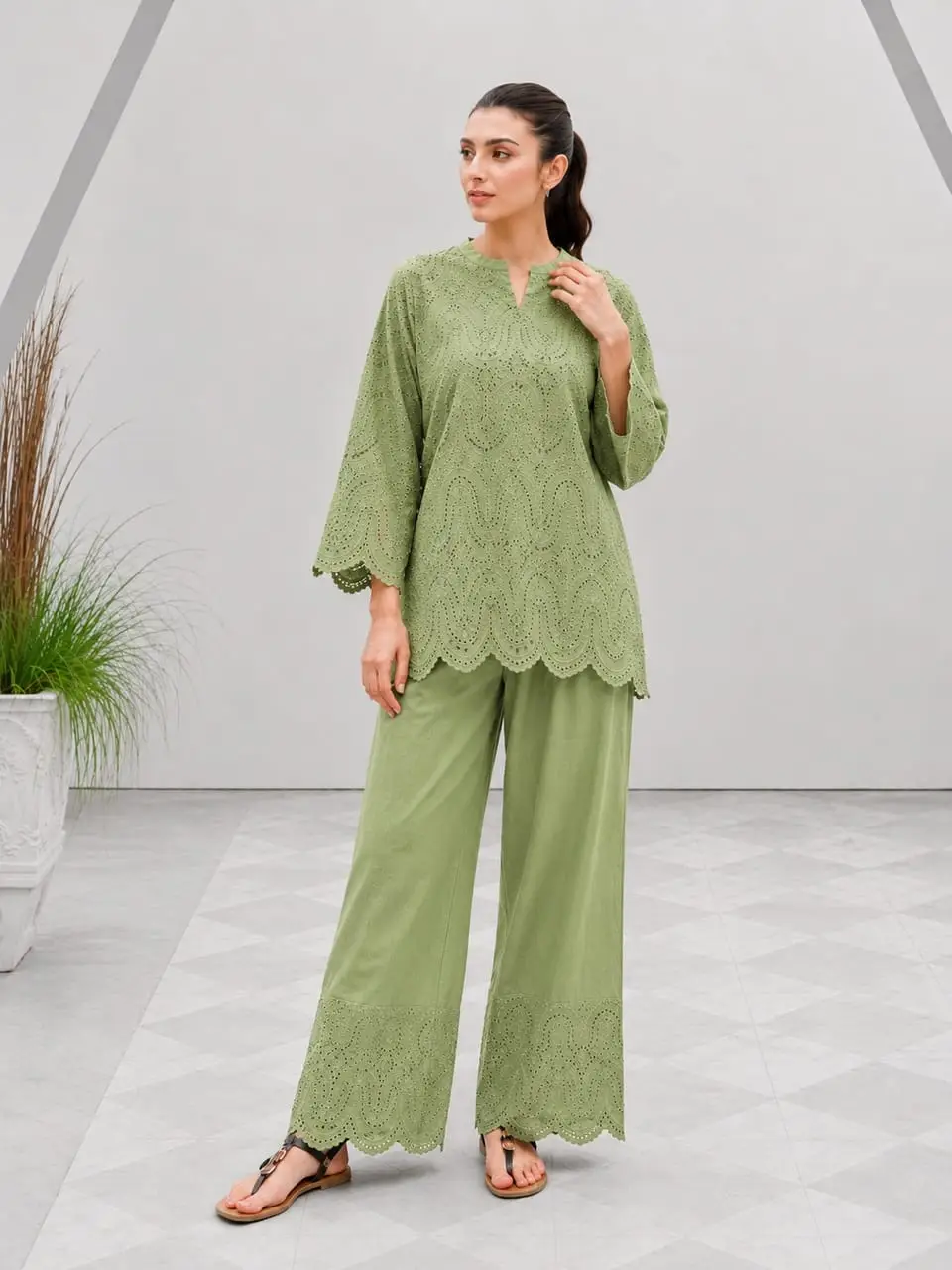 2 Pcs Women's Stitched Cotton Chikankari Embroidered Shirt And Trouser