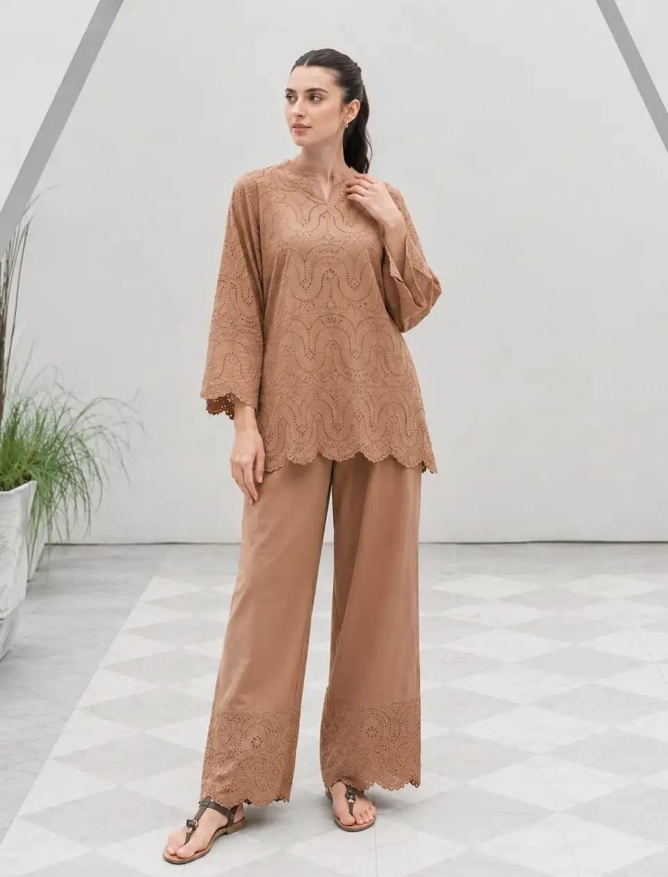 2 Pcs Women's Stitched Cotton Chikankari Embroidered Shirt And Trouser