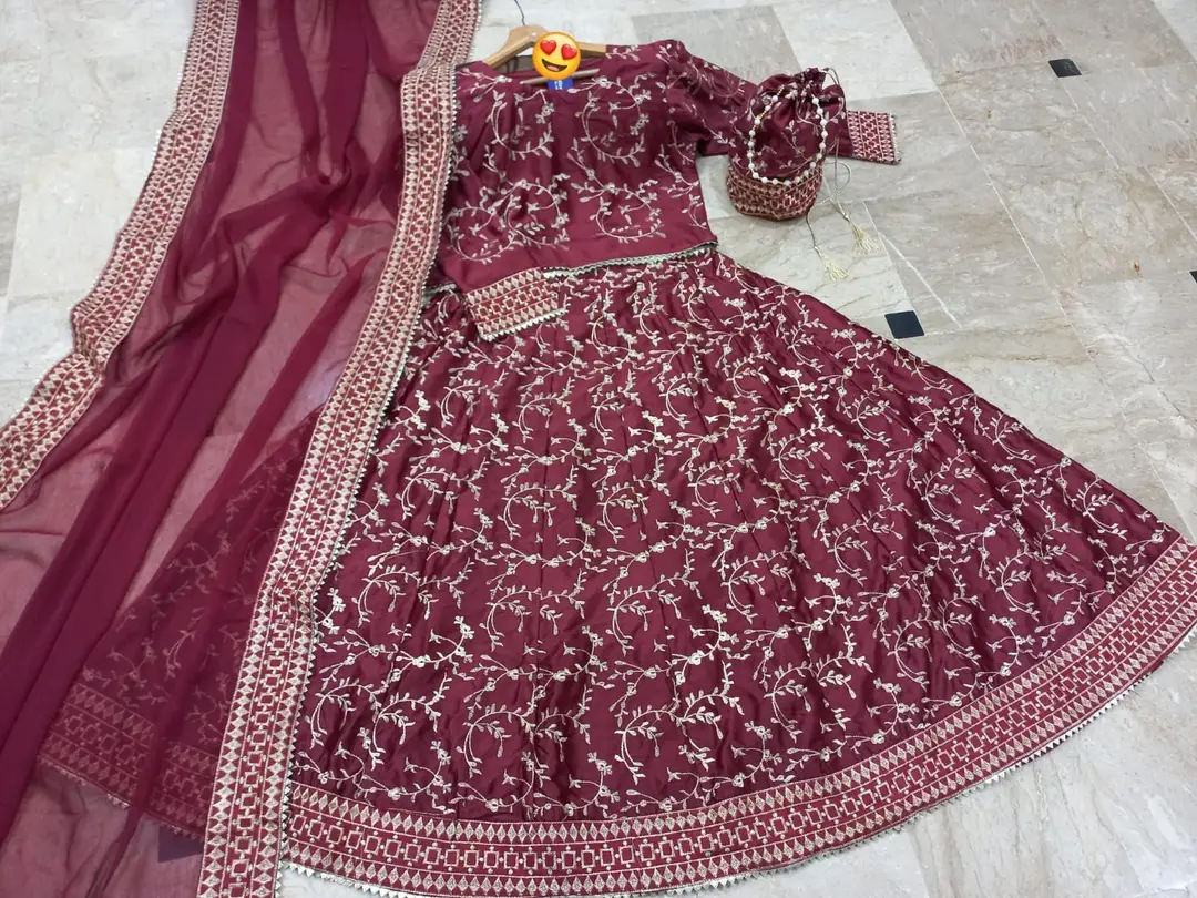 4 Pcs Women's Stitched Shamoz Silk Embroidered Lehenga Choli