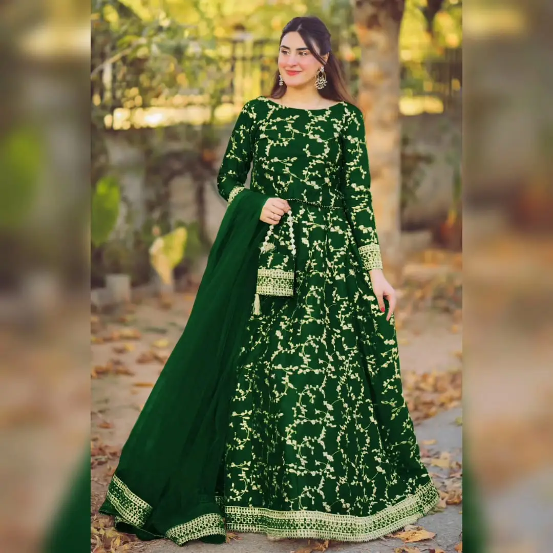 4 Pcs Women's Stitched Shamoz Silk Embroidered Lehenga Choli