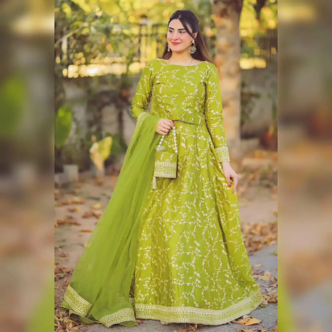 4 Pcs Women's Stitched Shamoz Silk Embroidered Lehenga Choli