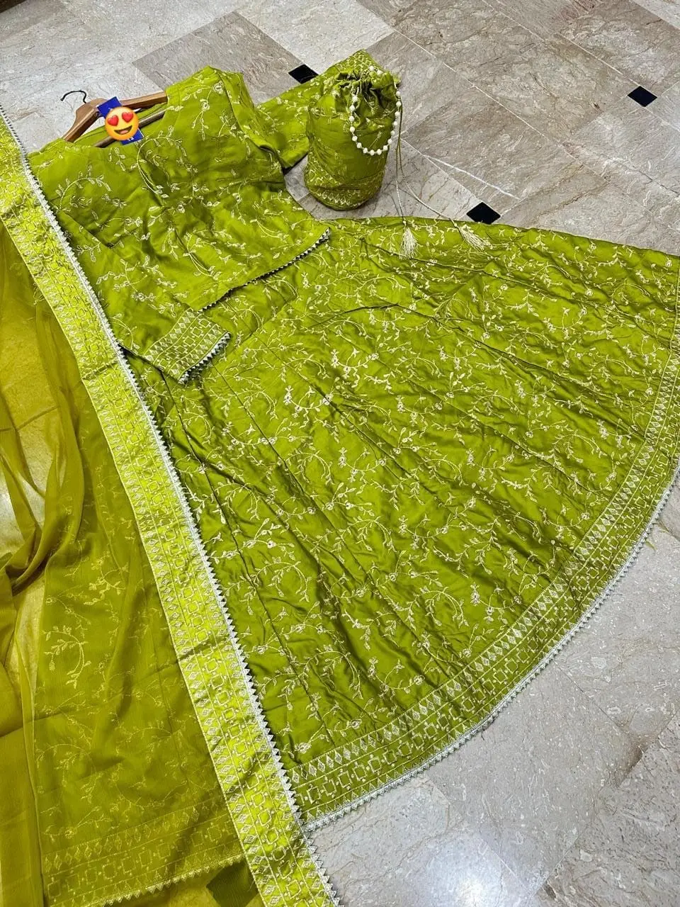 4 Pcs Women's Stitched Shamoz Silk Embroidered Lehenga Choli