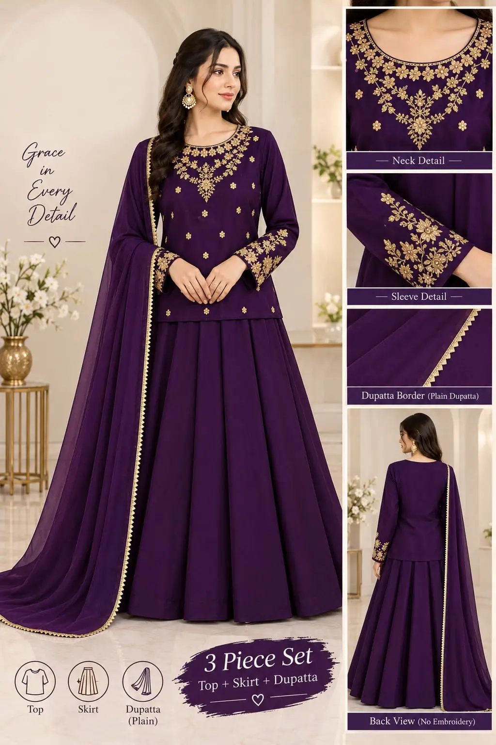 3 Pcs Women's Stitched Shamoz Silk Hand Work Lehenga Choli