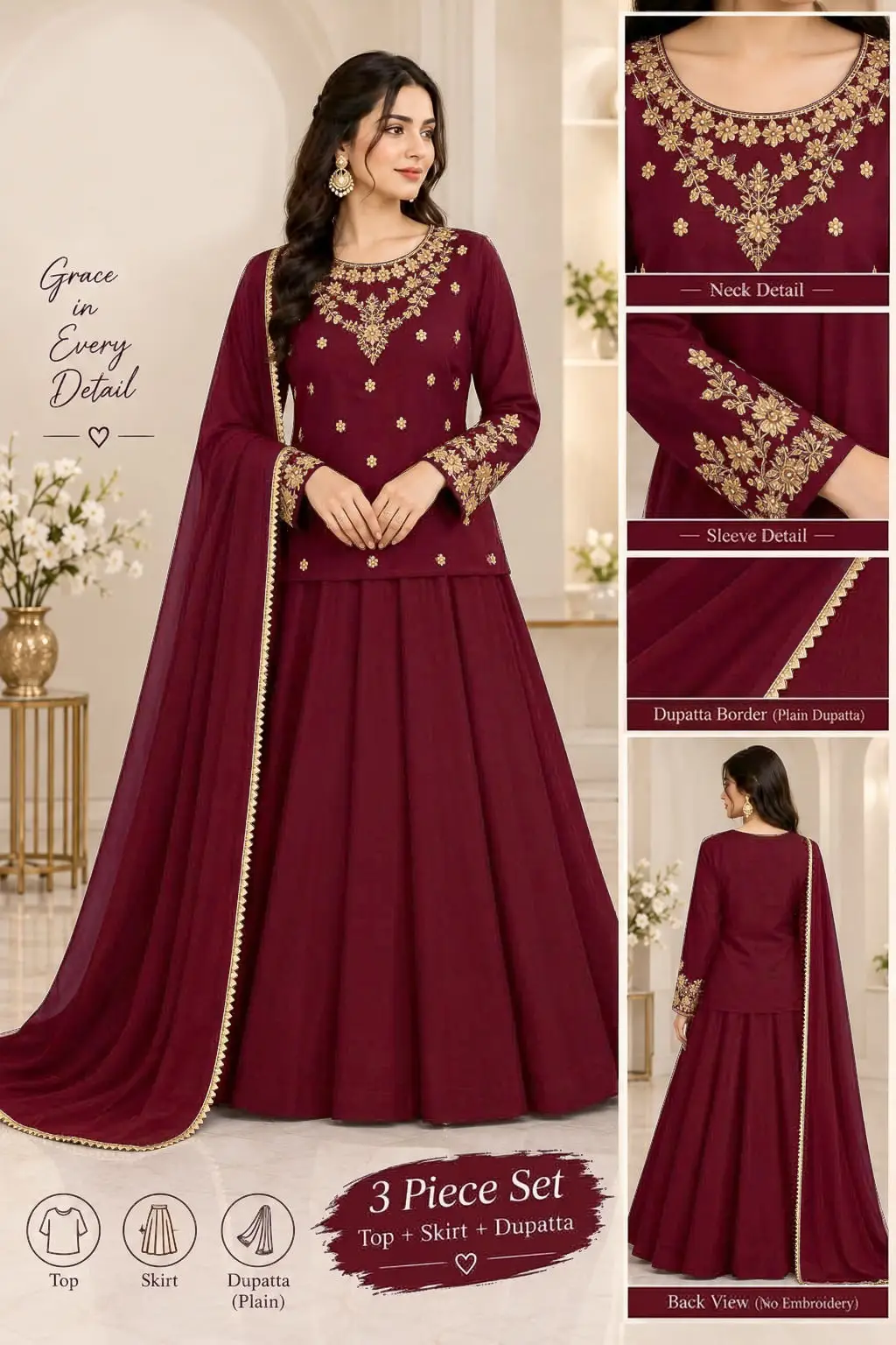 3 Pcs Women's Stitched Shamoz Silk Hand Work Lehenga Choli