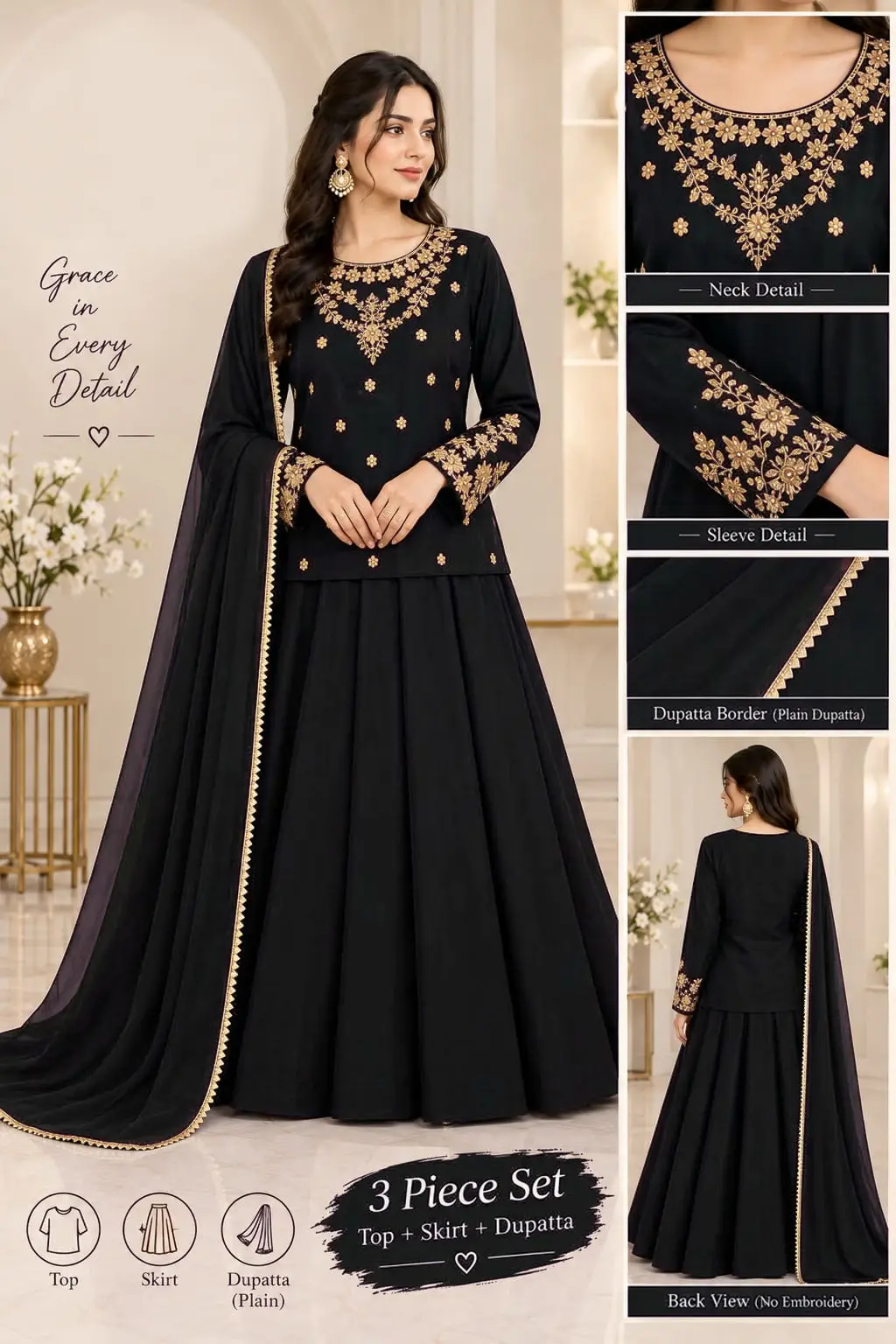 3 Pcs Women's Stitched Shamoz Silk Hand Work Lehenga Choli
