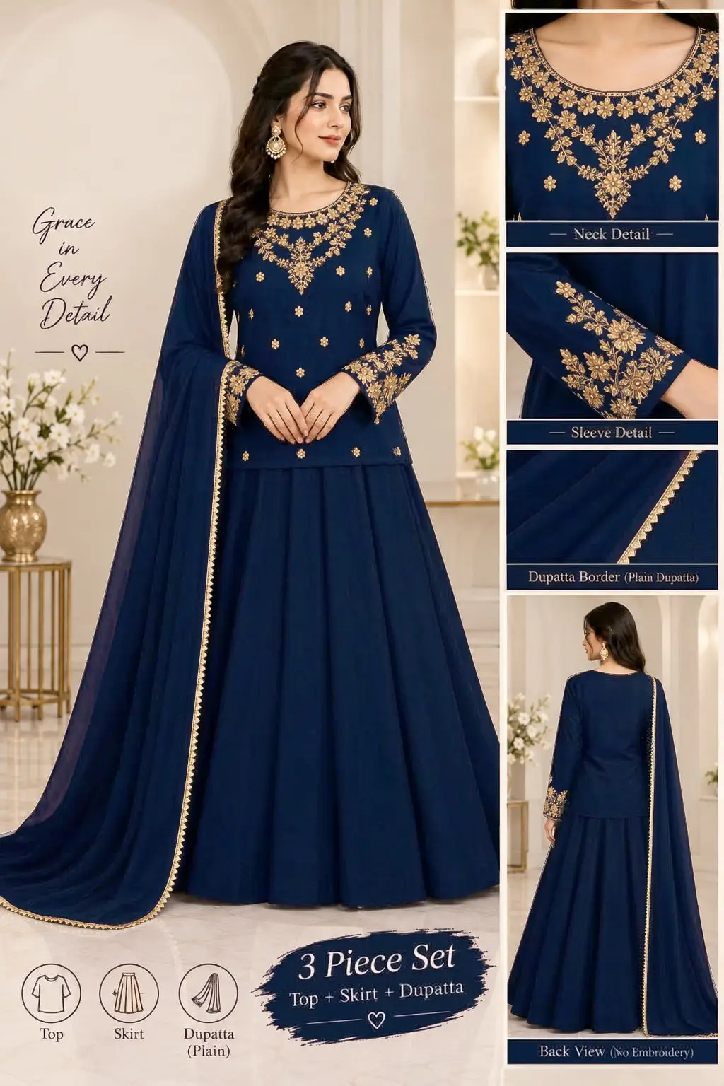 3 Pcs Women's Stitched Shamoz Silk Hand Work Lehenga Choli
