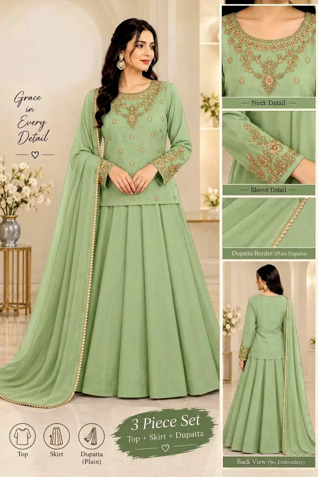 3 Pcs Women's Stitched Shamoz Silk Hand Work Lehenga Choli