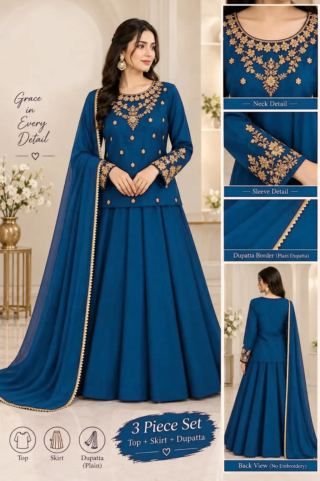 3 Pcs Women's Stitched Shamoz Silk Hand Work Lehenga Choli