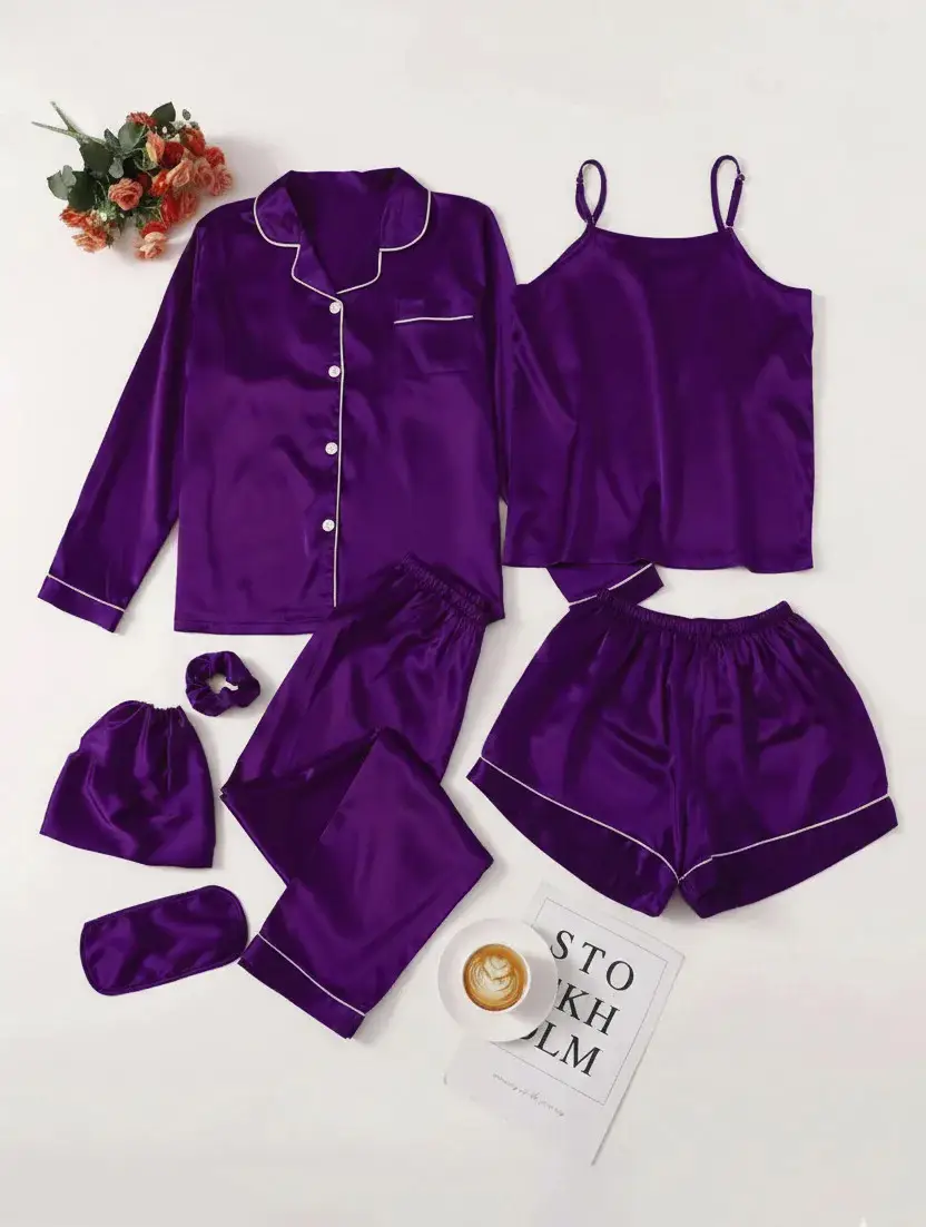 5 Pcs Women's Stitched Silk Plain Night Suit
