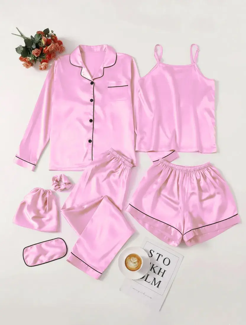 5 Pcs Women's Stitched Silk Plain Night Suit