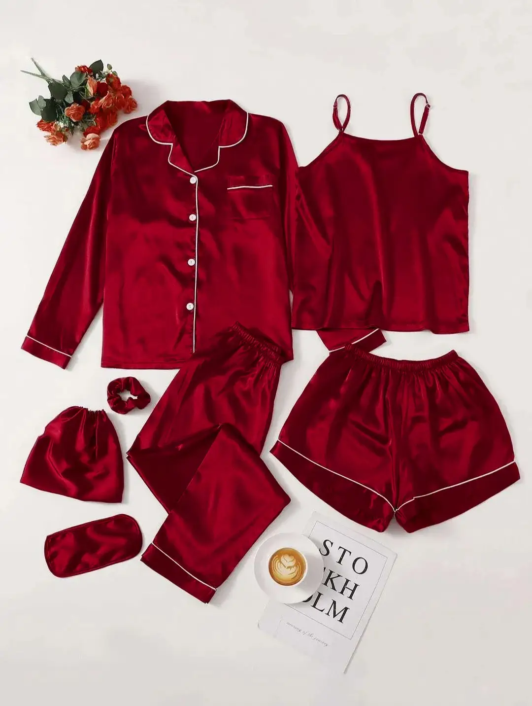 5 Pcs Women's Stitched Silk Plain Night Suit