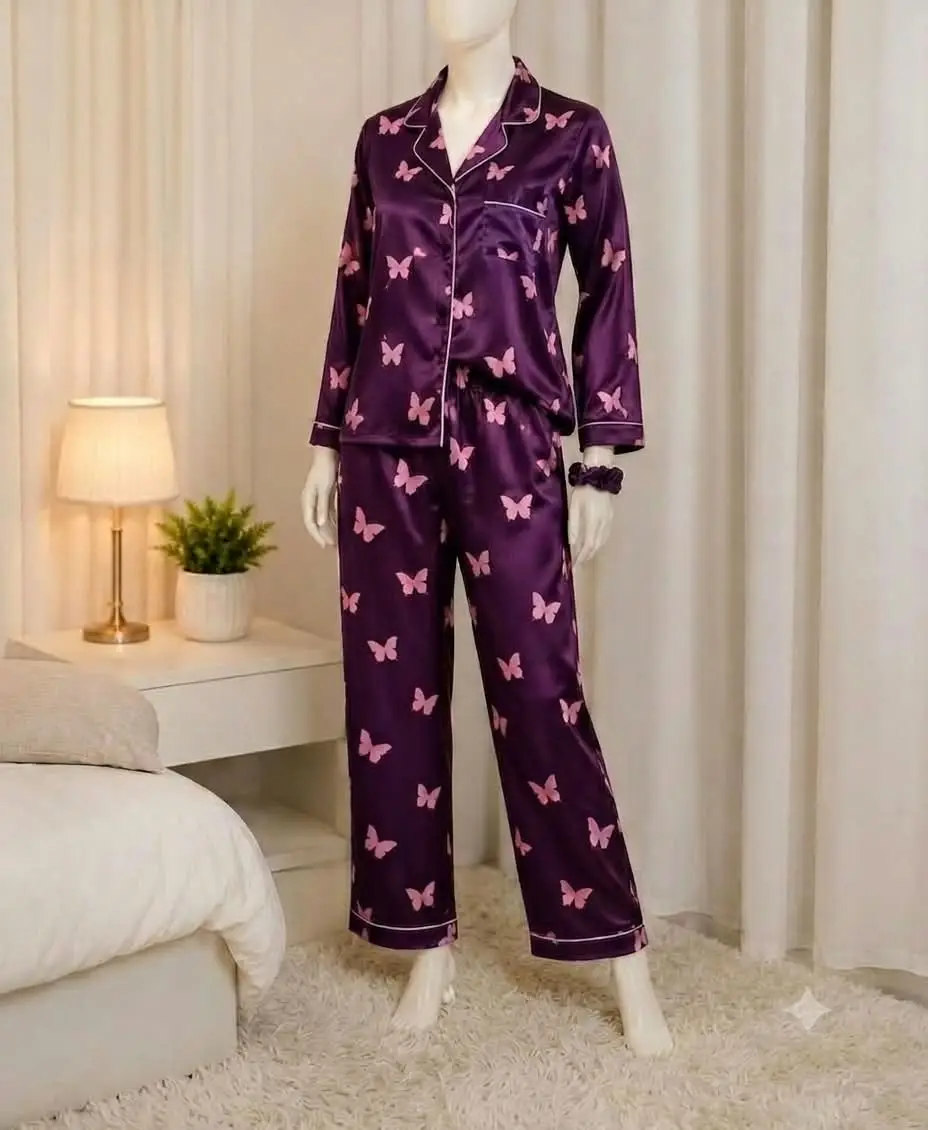 2 Pcs Women's Stitched Silk Printed Night Suit