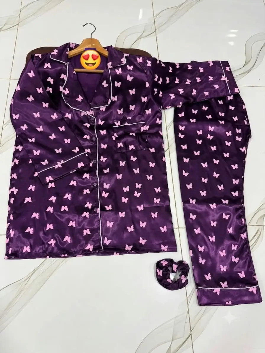 2 Pcs Women's Stitched Silk Printed Night Suit