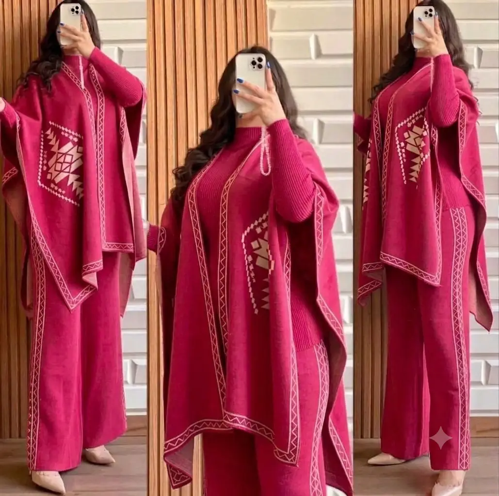3 Pcs Women's Stitched Fleece Printed Highneck