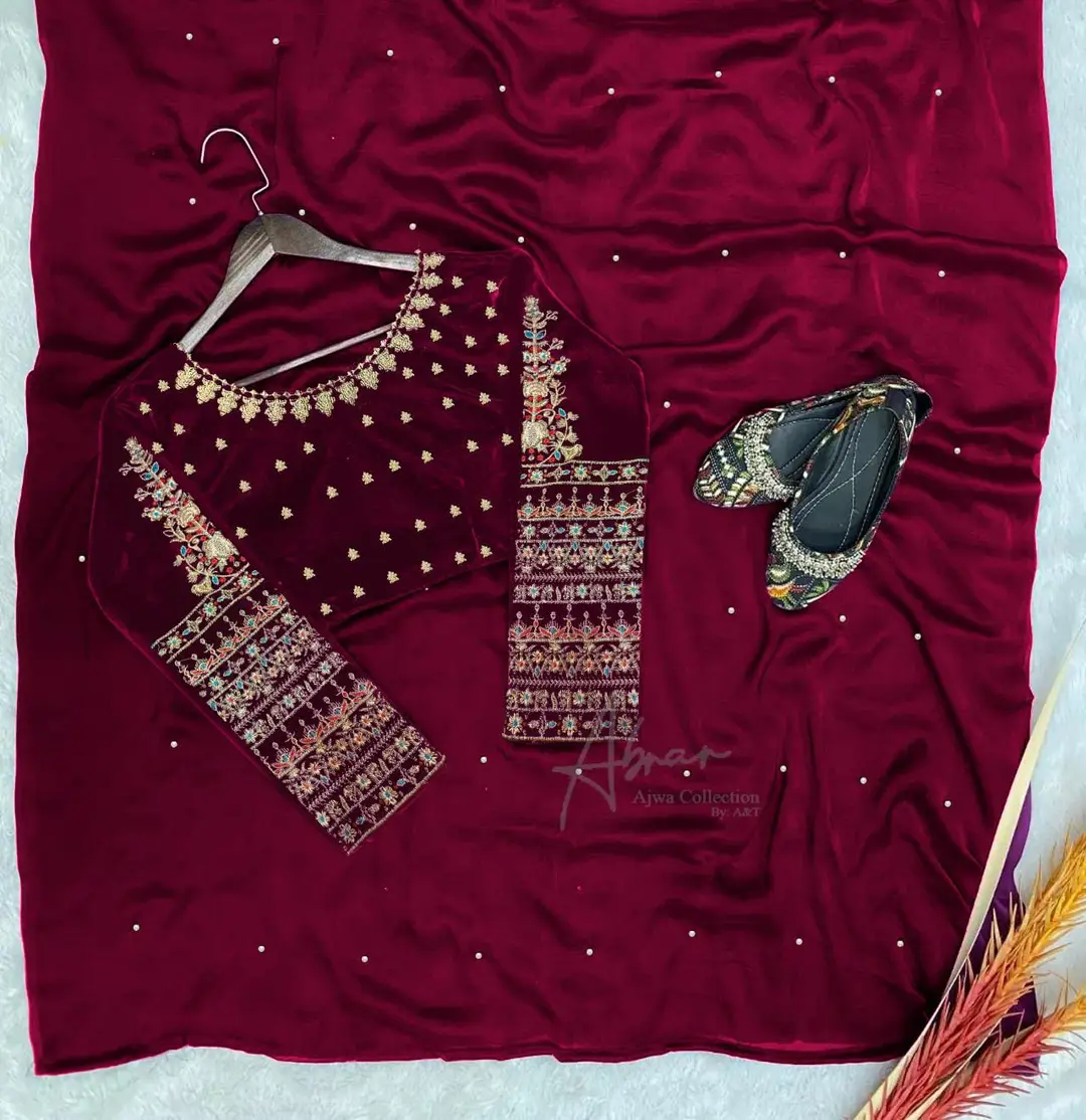 2 Pcs Women’s Chiffon Embroidered Stitched Saree