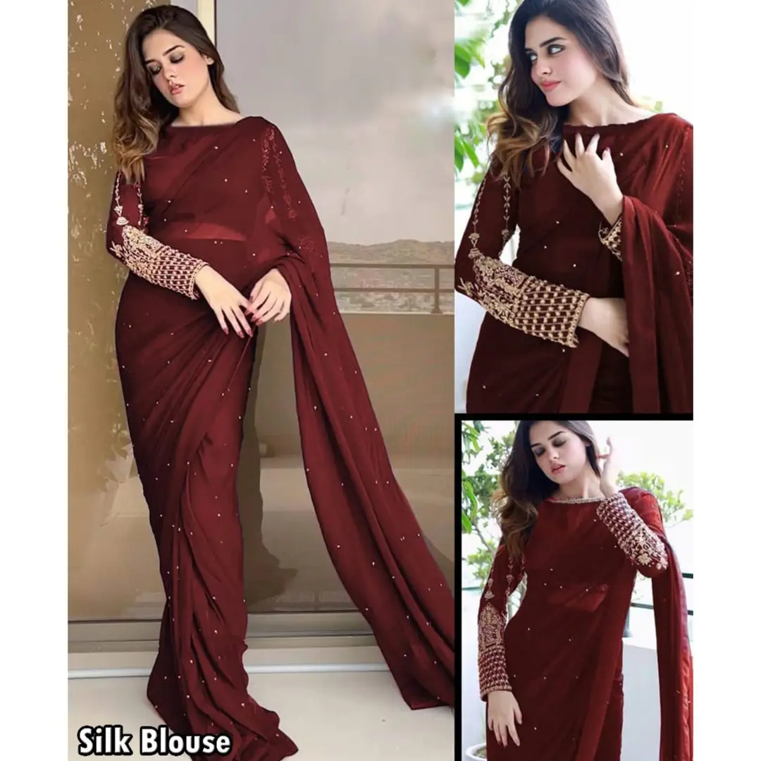 2 Pcs Women’s Chiffon Sequins Embroidered Stitched Saree