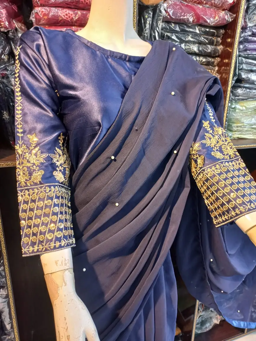 2 Pcs Women’s Chiffon Sequins Embroidered Stitched Saree