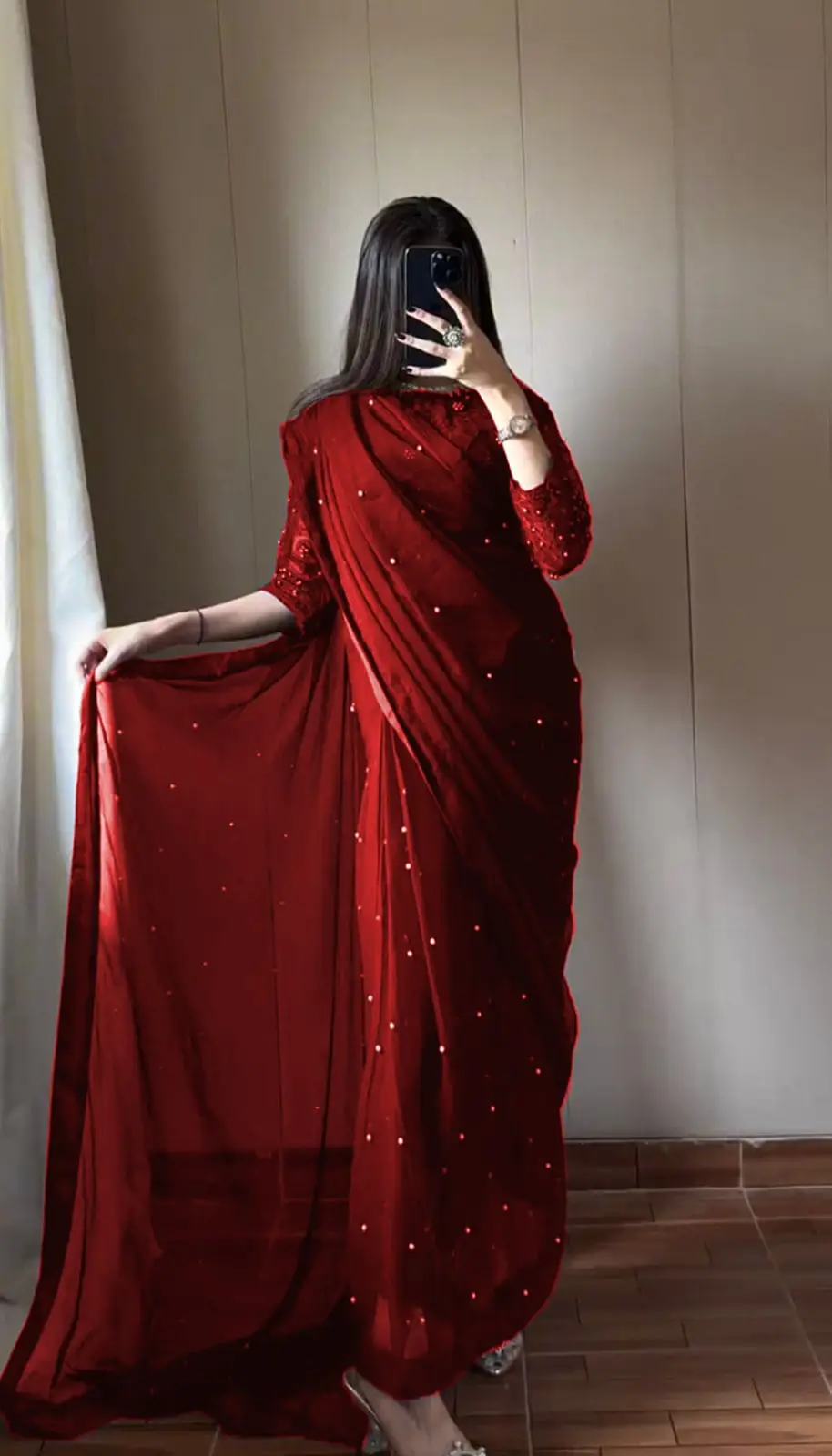 2 Pcs Women’s Chiffon Sequins Embroidered Stitched Saree