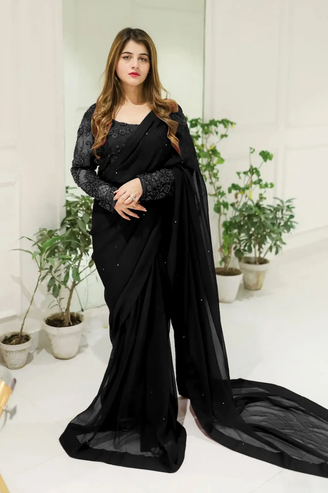 2 Pcs Women’s Chiffon Sequins Embroidered Stitched Saree