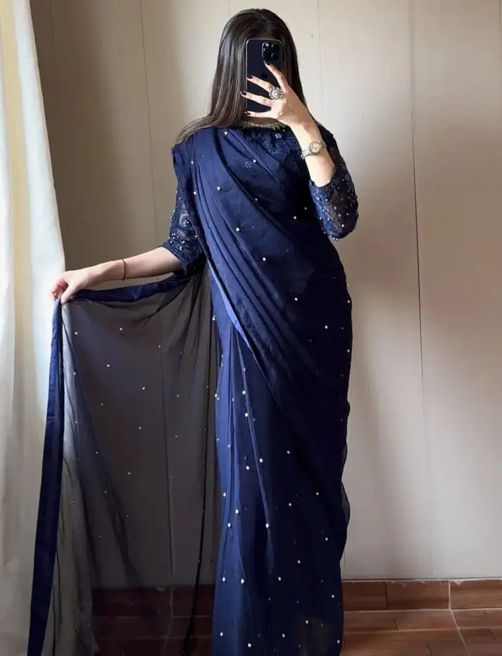 2 Pcs Women’s Chiffon Sequins Embroidered Stitched Saree