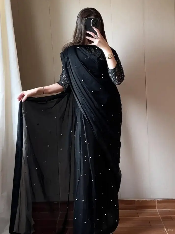 2 Pcs Women’s Chiffon Sequins Embroidered Stitched Saree