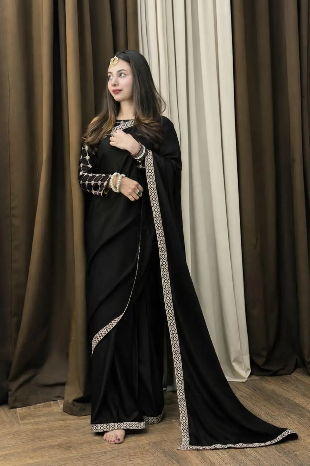 2 Pcs Women’s Shamoz Silk Embroidered Stitched Saree