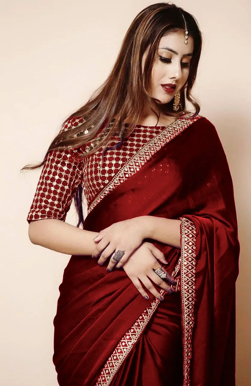 2 Pcs Women’s Shamoz Silk Embroidered Stitched Saree