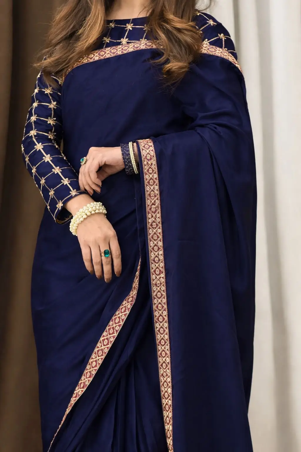 2 Pcs Women’s Shamoz Silk Embroidered Stitched Saree